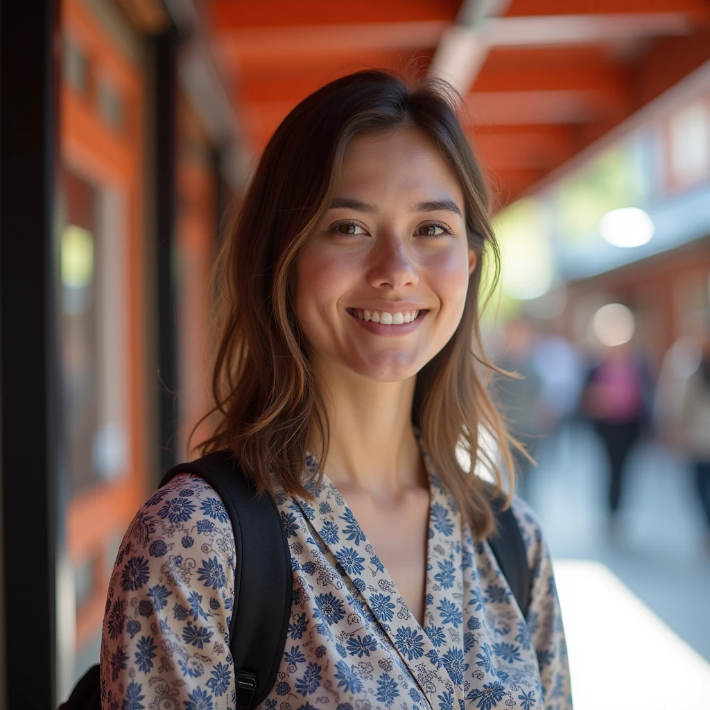 A femal traeler smiling for the camera