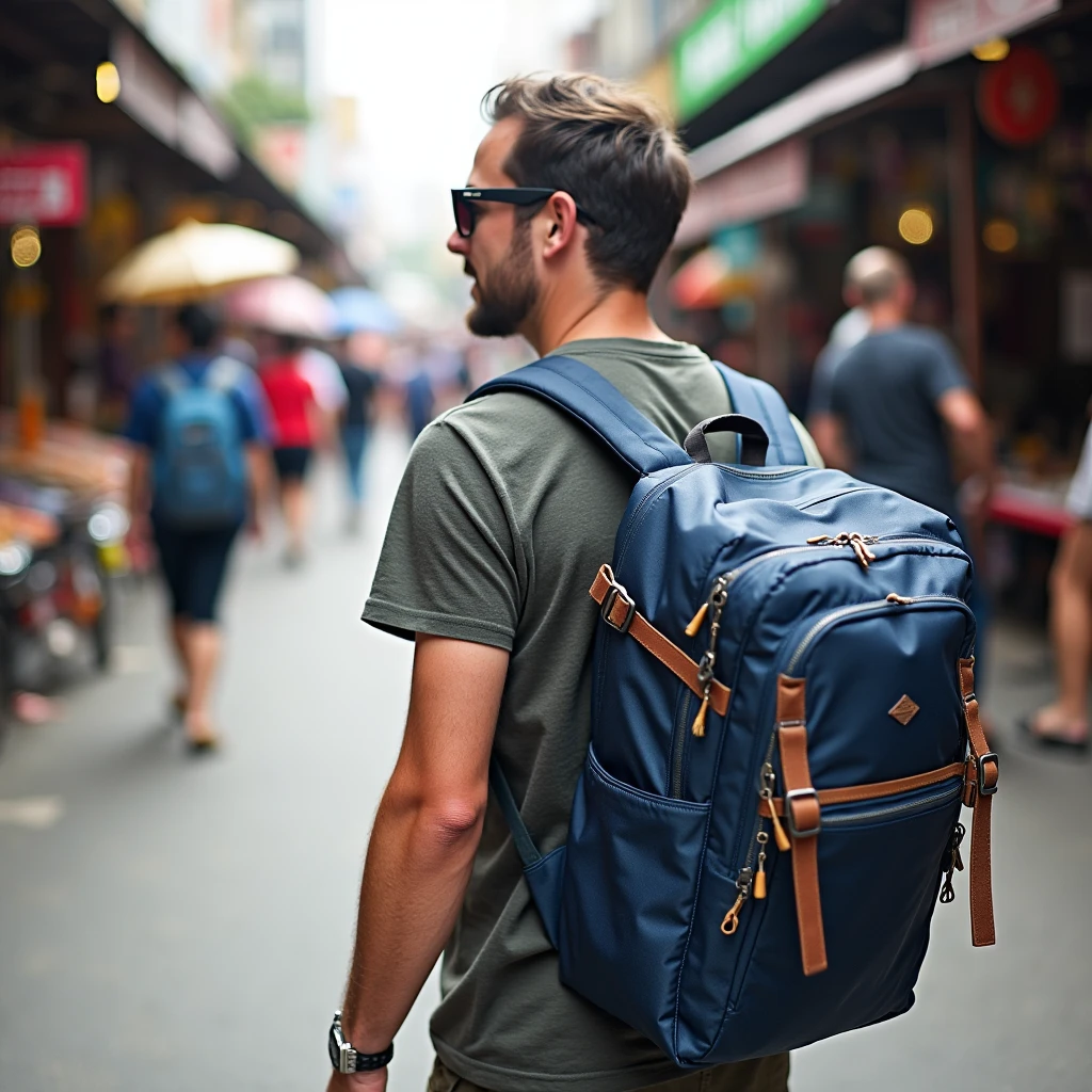 A man with a blue pack walking in a high street