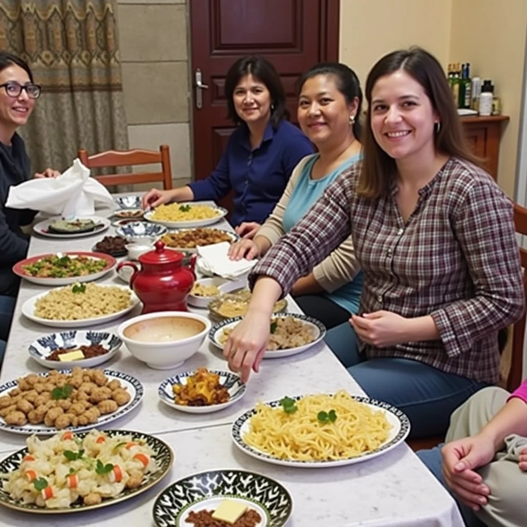 People gathered around a table of food in a guest house