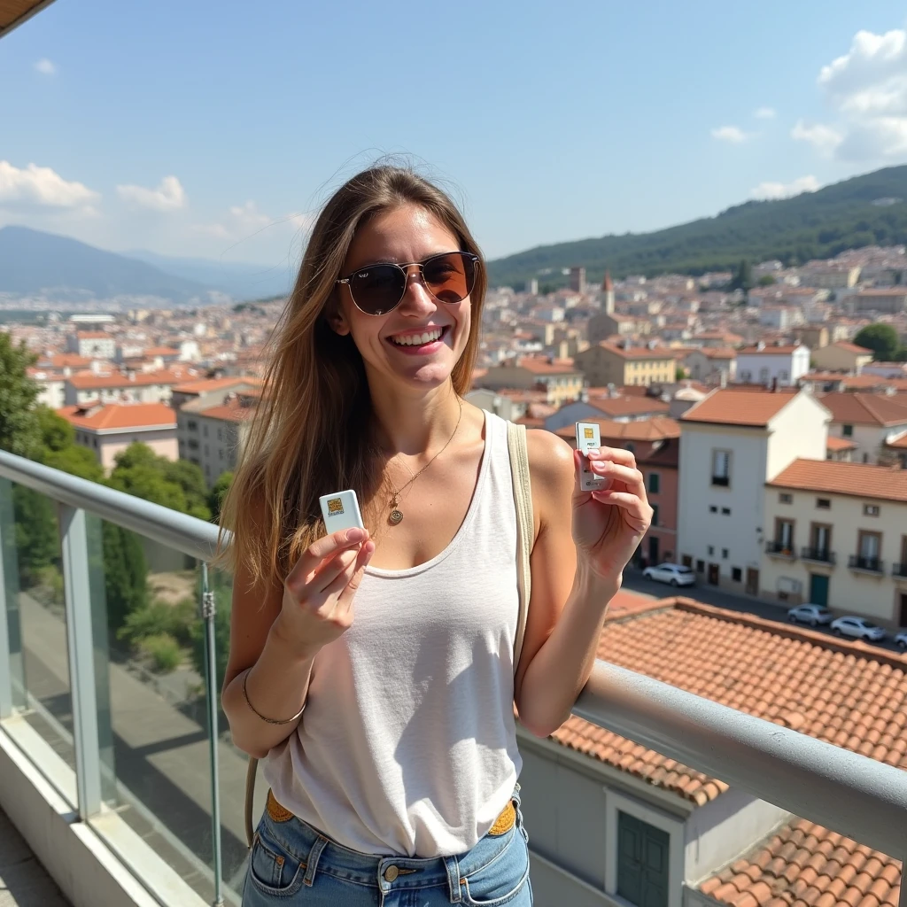 A female traveler on standing on a balcony hold a sim card at a holiday destination
