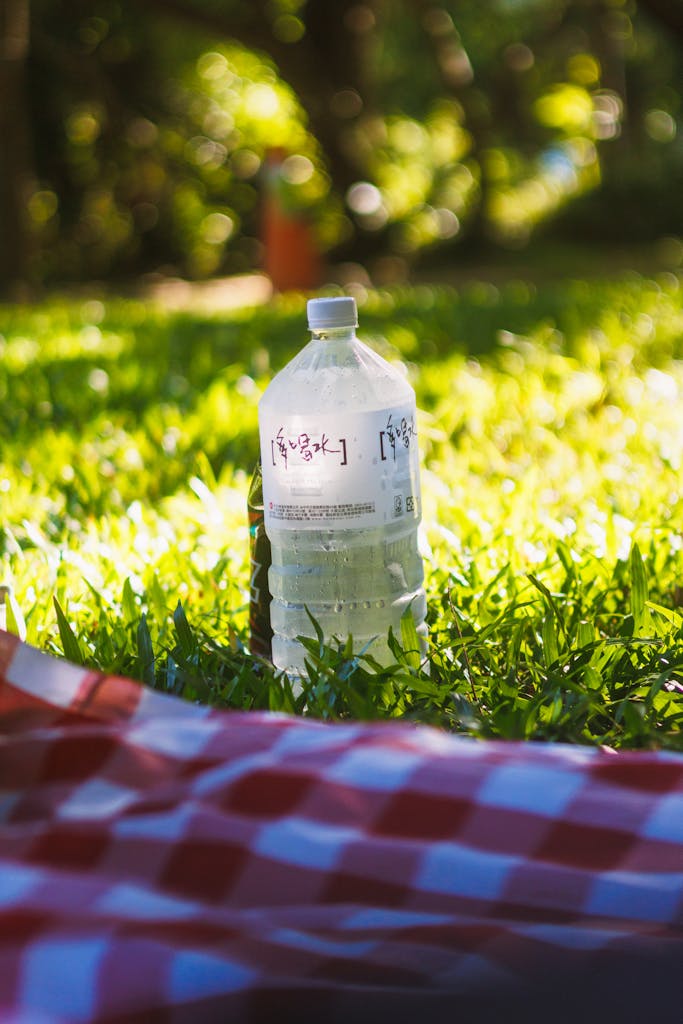 A refreshing water bottle on grass during a sunny picnic, perfect for outdoor relaxation.