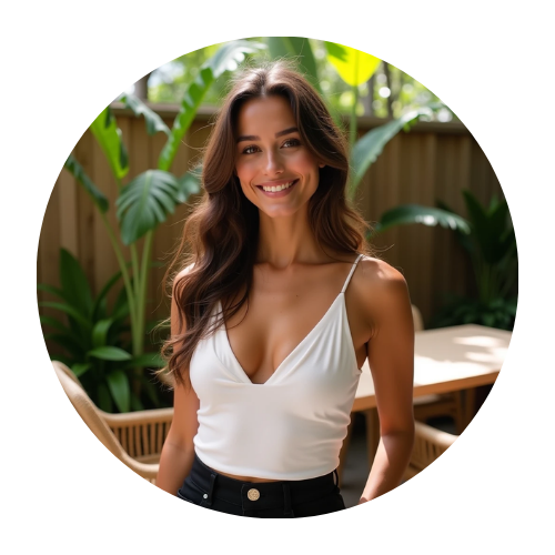 Chloe Author standing ing a patio with green foilage