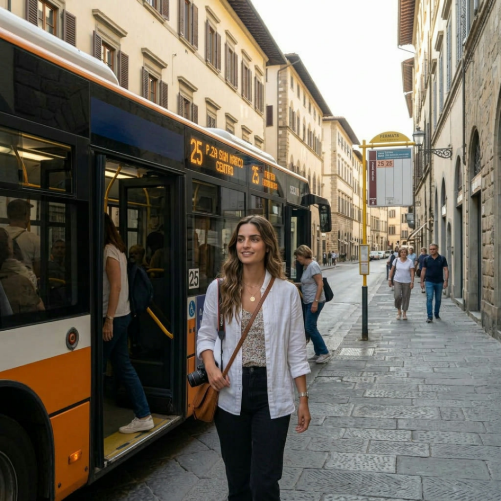 Woman getting off a bus in Italy