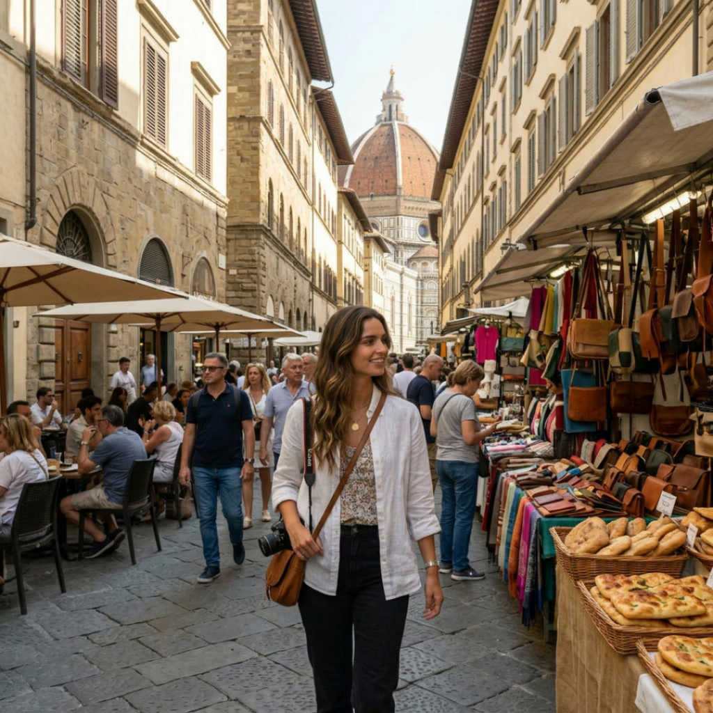 A woman walking in a local italian market looking at local produce