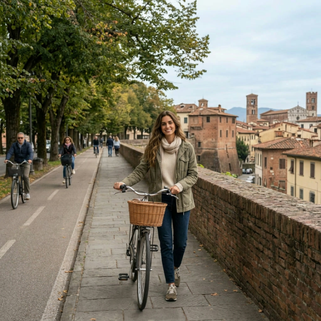 A woman pushing a bicycle in Lucca Italy
