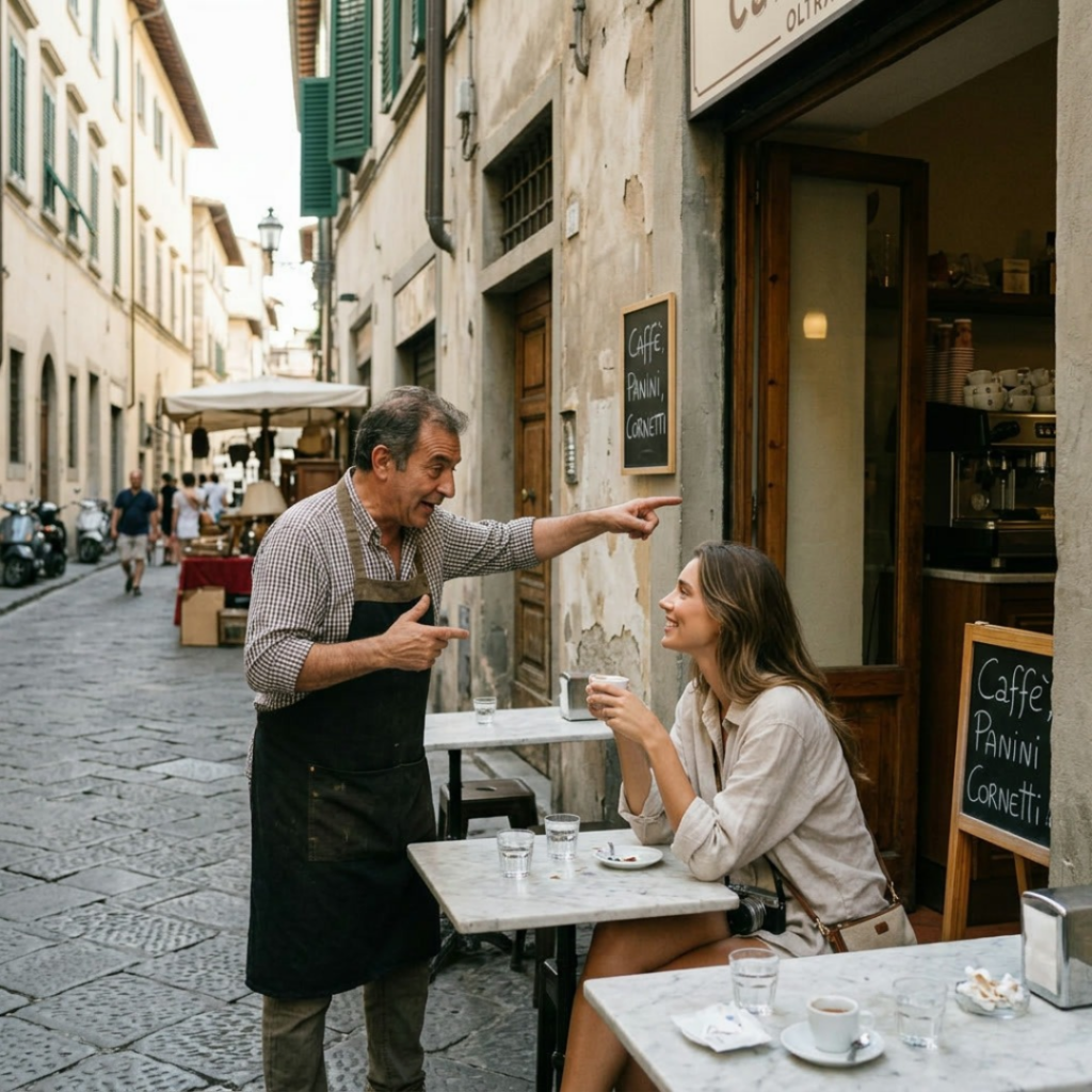 Cafe owner talking to woman drinking coffee